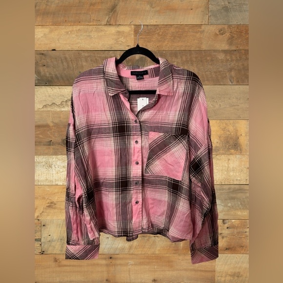 Sanctuary NWT Women’s Sz XL Pink Black Plaid Button Down Cropped Shirt Blouse - Picture 1 of 6